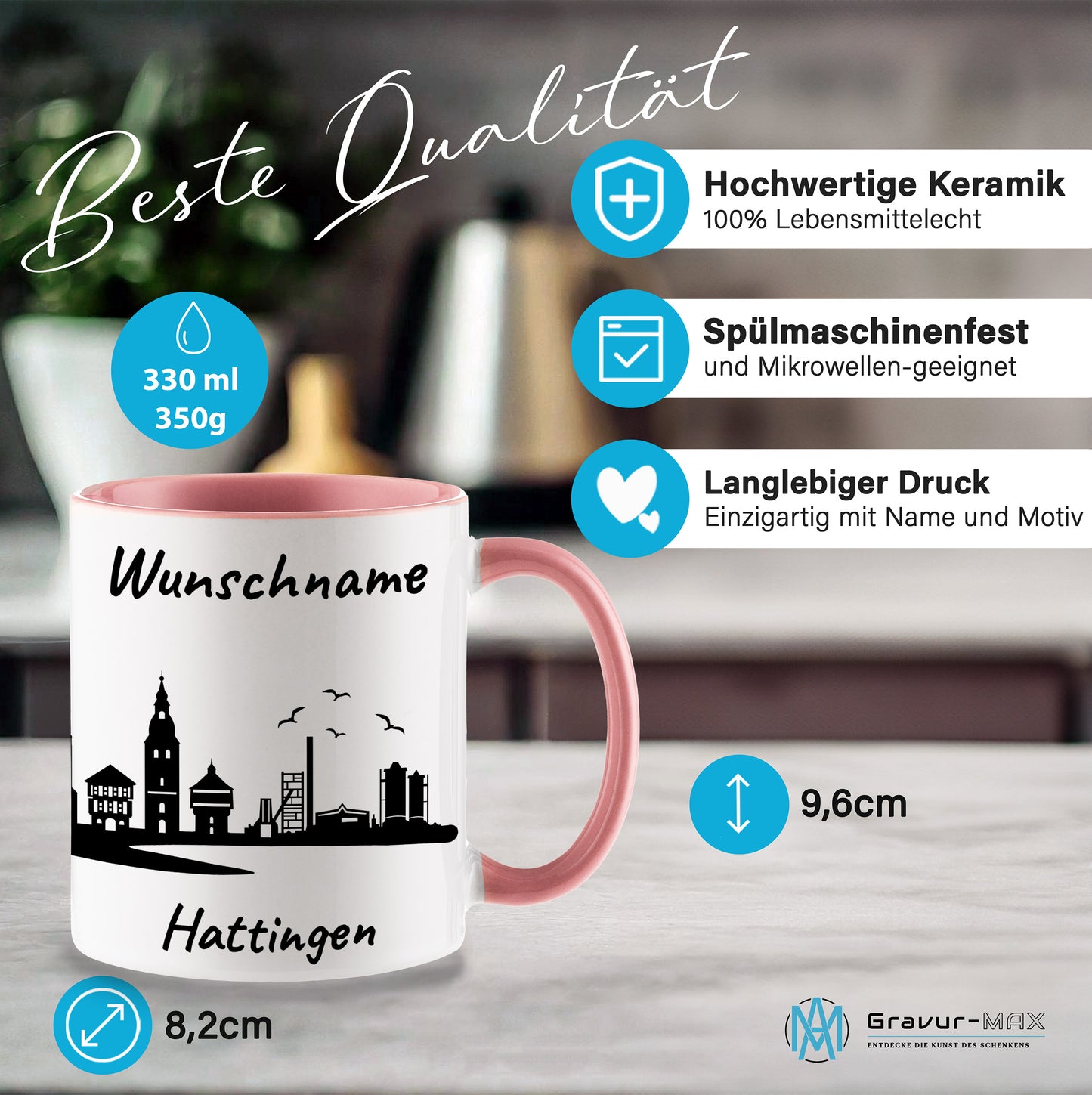 Tasse in Rosa 330ml bedruckt mit der Skyline von Hattingen personalisierbar mit Wunschname
