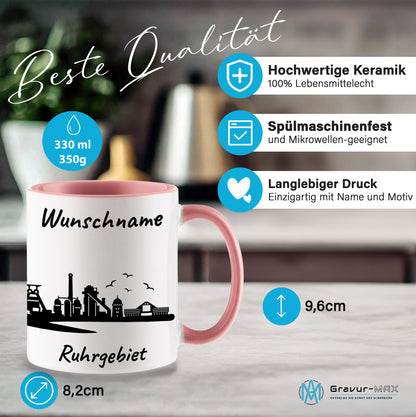 Tasse in Rosa 330ml bedruckt mit der Skyline von Ruhrgebiet personalisierbar mit Wunschname