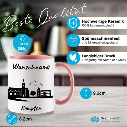 Tasse in Rosa 330ml bedruckt mit der Skyline von Kempten personalisierbar mit Wunschname