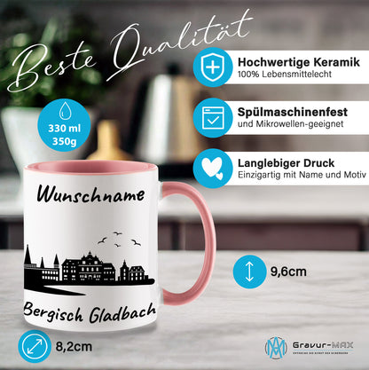 Tasse in Rosa 330ml bedruckt mit der Skyline von Bergisch Gladbach personalisierbar mit Wunschname
