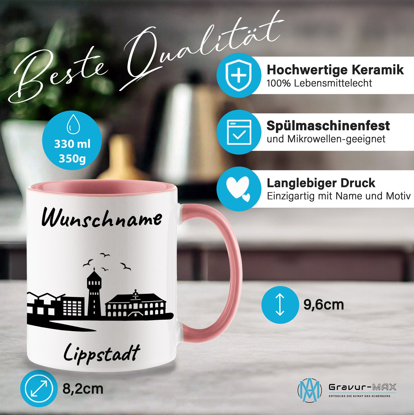 Tasse in Rosa 330ml bedruckt mit der Skyline von Lippstadt personalisierbar mit Wunschname