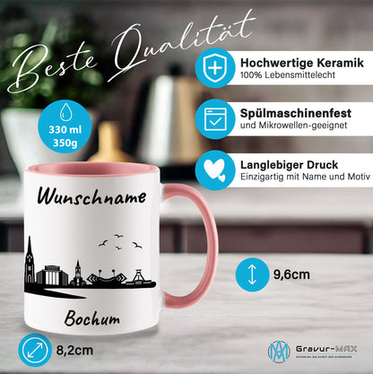 Tasse in Rosa 330ml bedruckt mit der Skyline von Bochum personalisierbar mit Wunschname