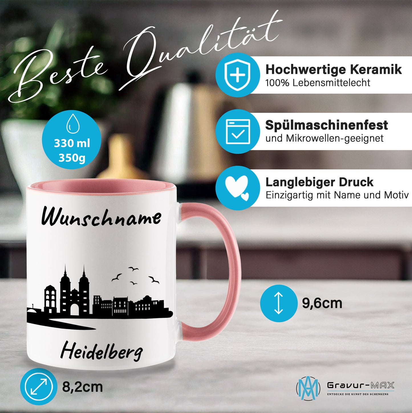 Tasse in Rosa 330ml bedruckt mit der Skyline von Heidelberg personalisierbar mit Wunschname