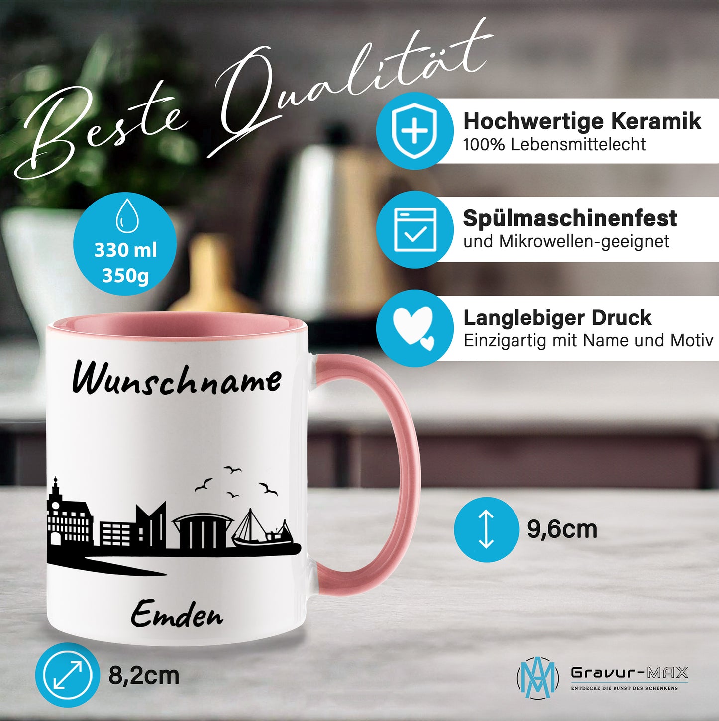 Tasse in Rosa 330ml bedruckt mit der Skyline von Emden personalisierbar mit Wunschname