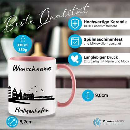 Tasse in Rosa 330ml bedruckt mit der Skyline von Heiligenhafen personalisierbar mit Wunschname