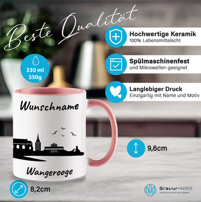Tasse in Rosa 330ml bedruckt mit der Skyline von Wangerooge personalisierbar mit Wunschname