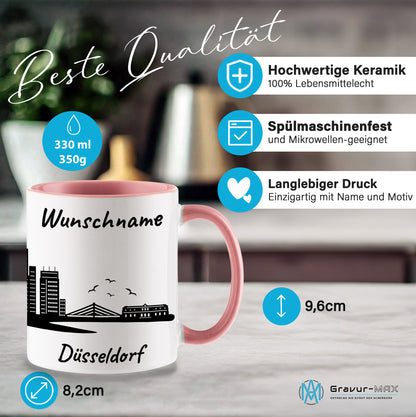 Tasse in Rosa 330ml bedruckt mit der Skyline von Düsseldorf personalisierbar mit Wunschname