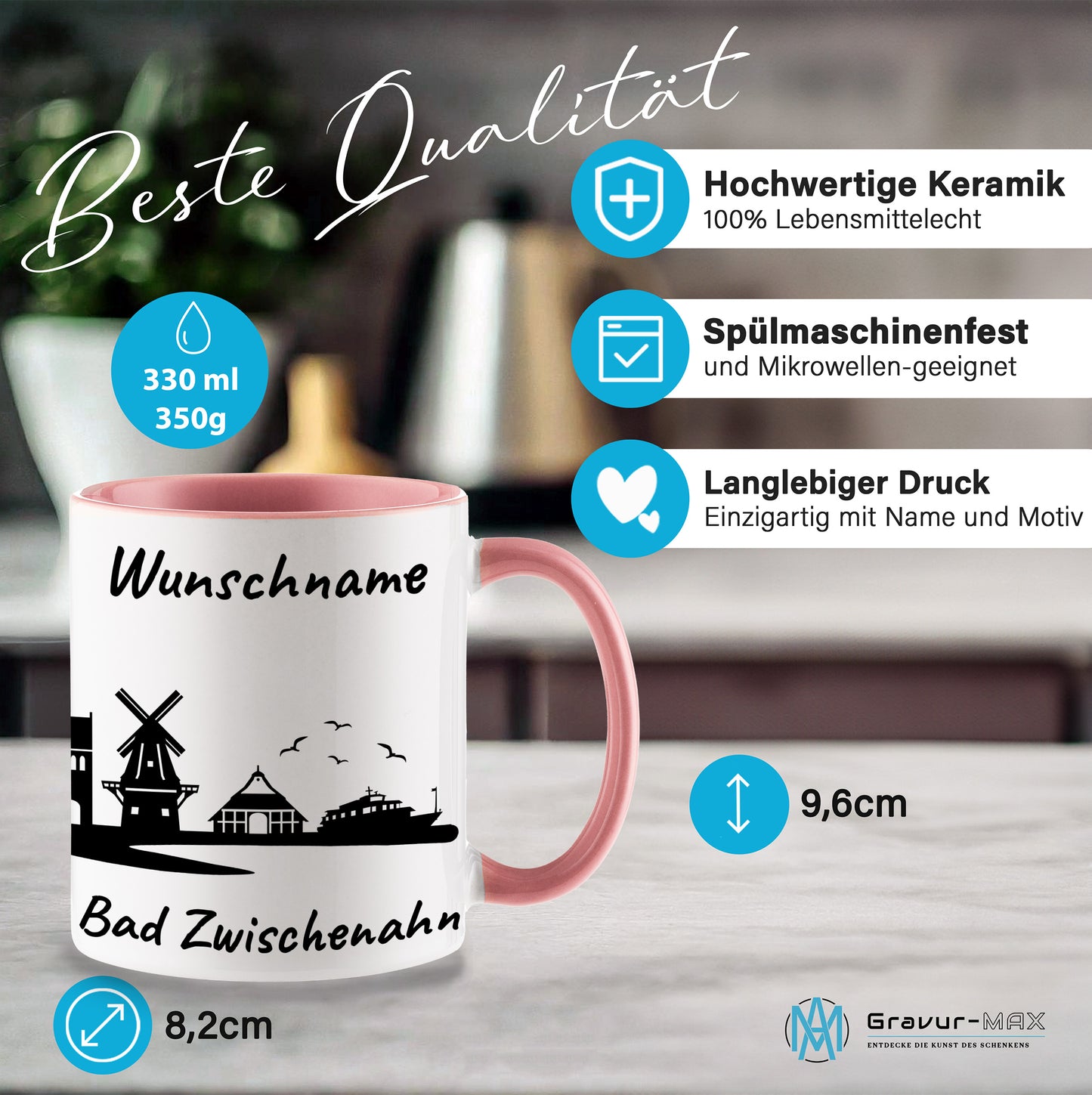Tasse in Rosa 330ml bedruckt mit der Skyline von Bad Zwischenahn personalisierbar mit Wunschname