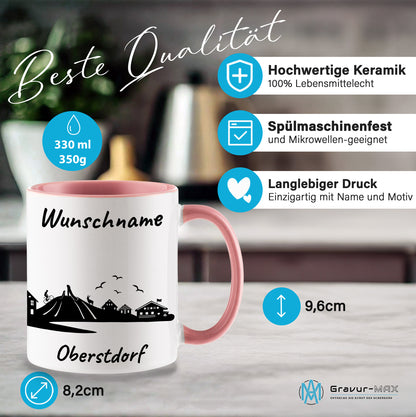 Tasse in Rosa 330ml bedruckt mit der Skyline von Oberstdorf personalisierbar mit Wunschname