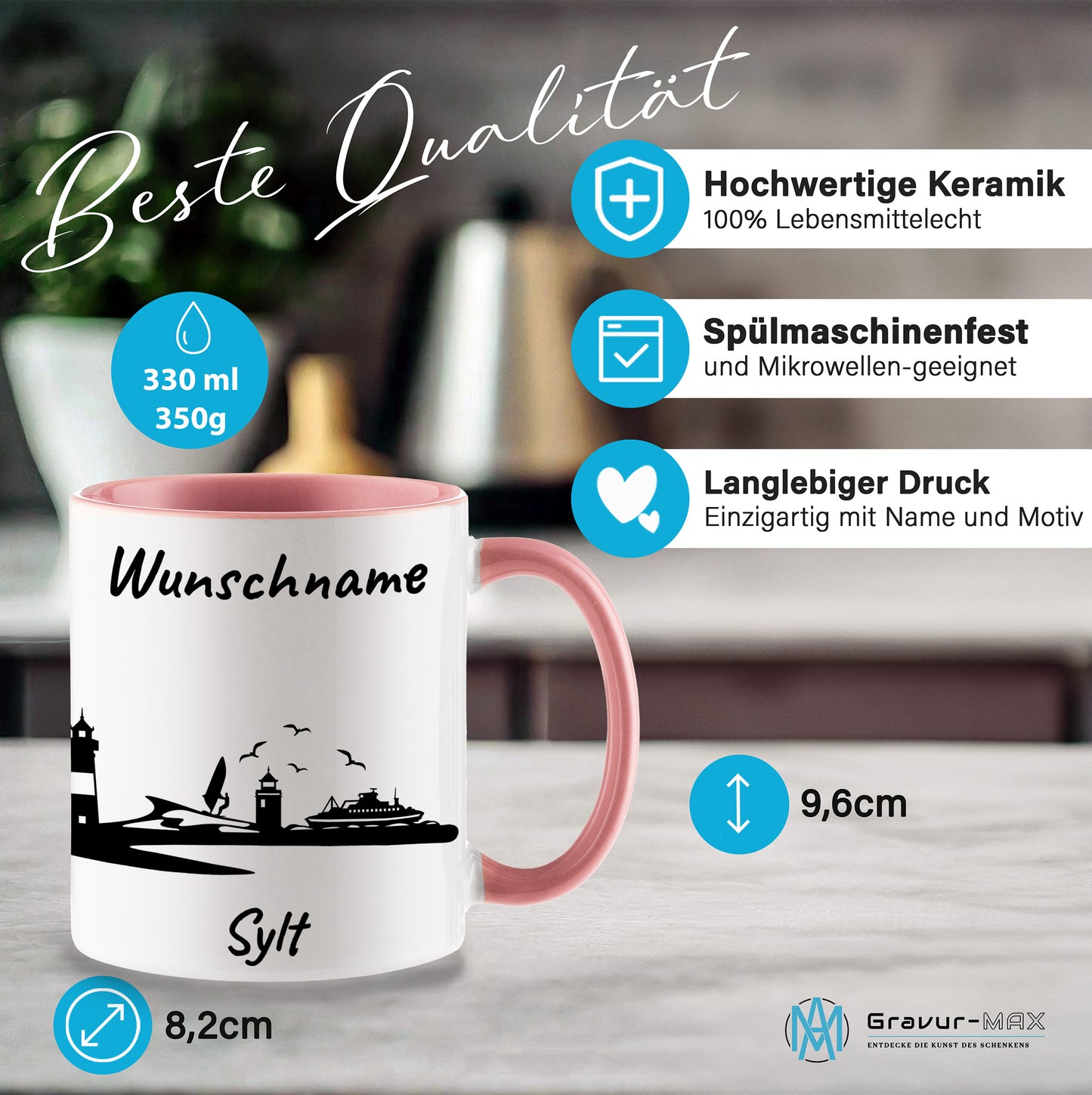 Tasse in Rosa 330ml bedruckt mit der Skyline von Sylt personalisierbar mit Wunschname