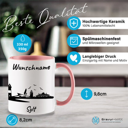 Tasse in Rosa 330ml bedruckt mit der Skyline von Sylt personalisierbar mit Wunschname