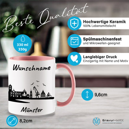 Tasse in Rosa 330ml bedruckt mit der Skyline von Münster personalisierbar mit Wunschname