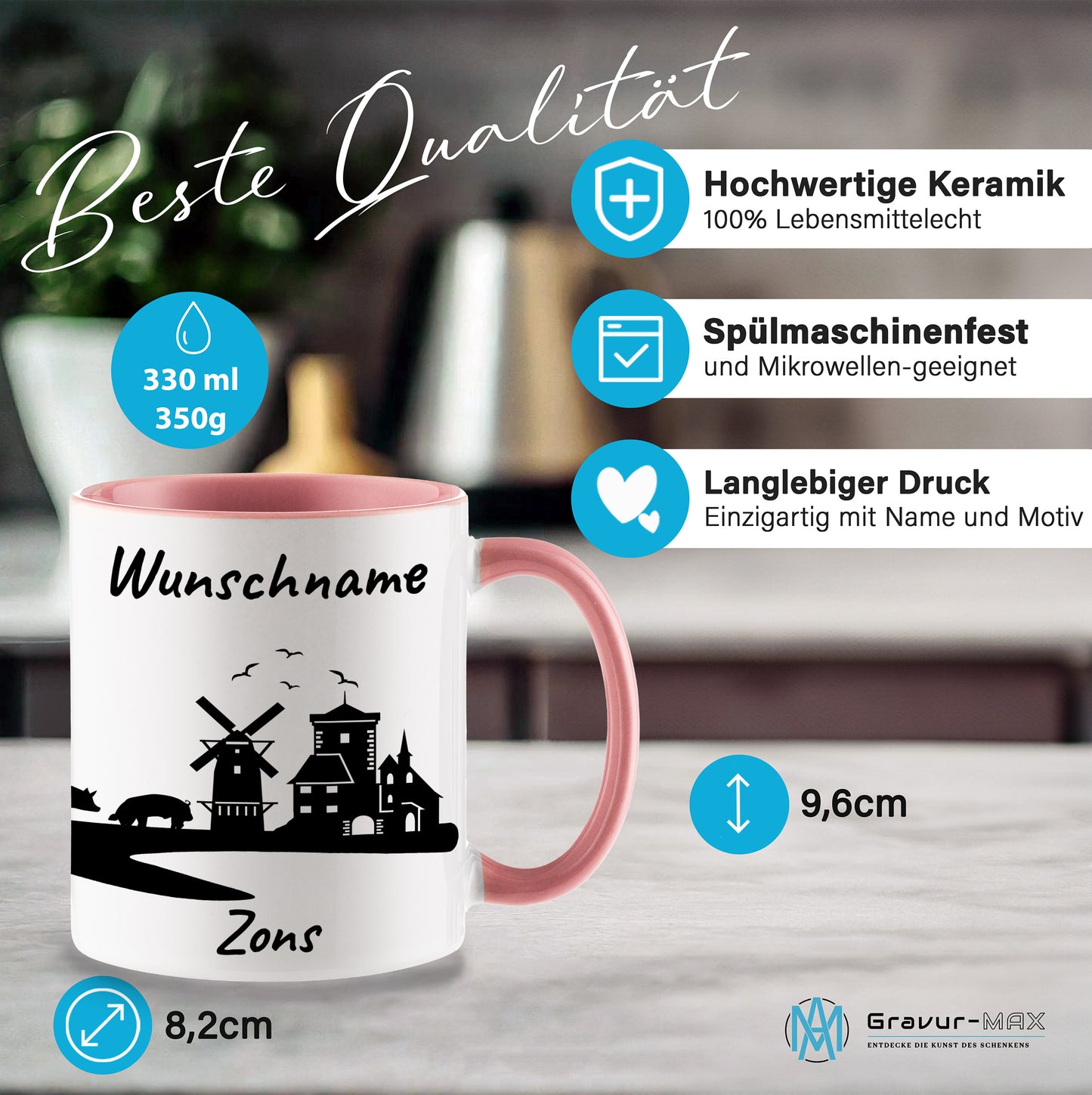 Tasse in Rosa 330ml bedruckt mit der Skyline von Zons (Dormagen) personalisierbar mit Wunschname