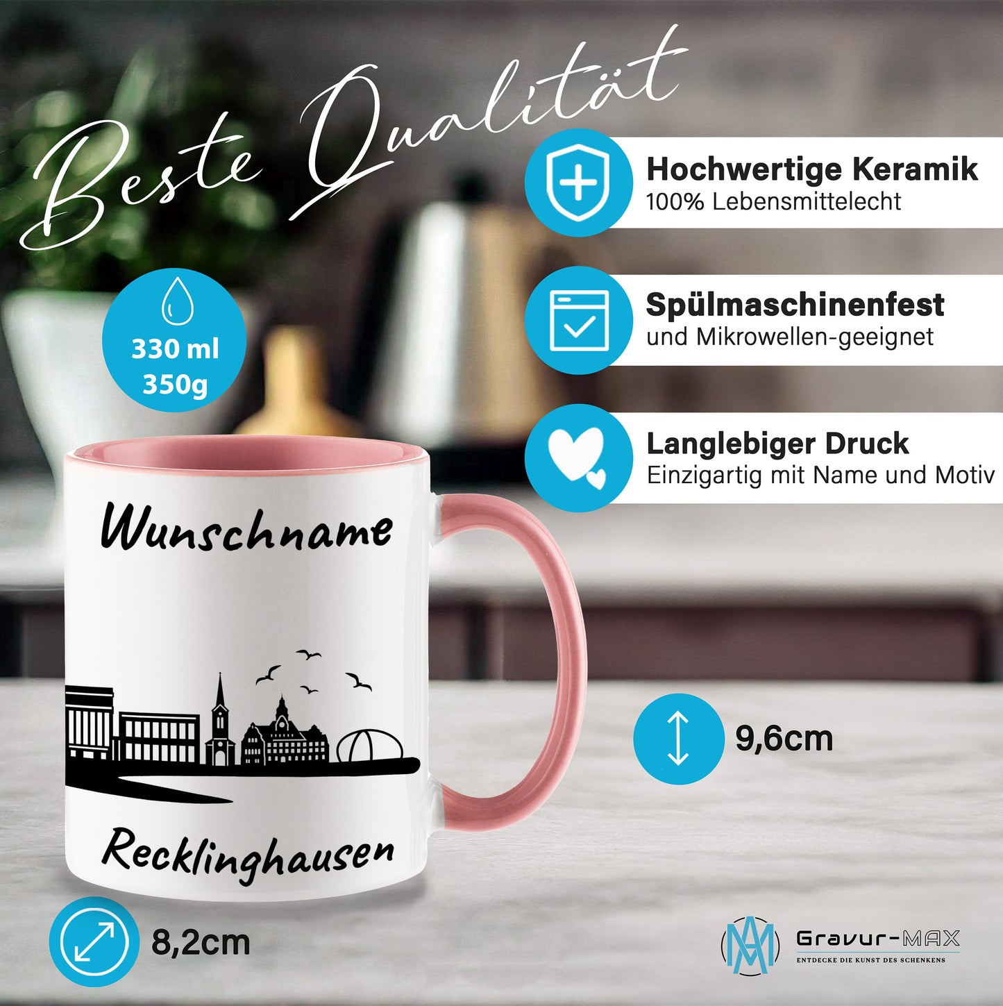 Tasse in Rosa 330ml bedruckt mit der Skyline von Recklinghausen personalisierbar mit Wunschname