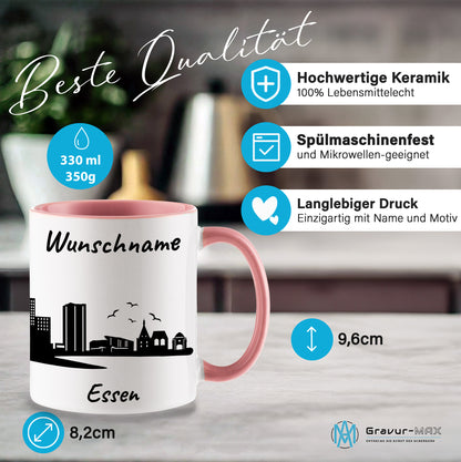 Tasse in Rosa 330ml bedruckt mit der Skyline von Essen personalisierbar mit Wunschname