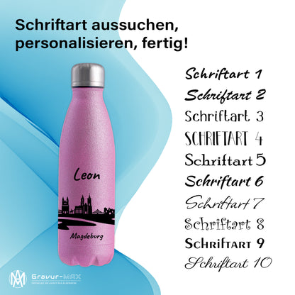 Glitzer Trinkflasche in Rosa 500ml aus Edelstahl bedruckt mit der Skyline von Magdeburg personalisierbar mit Wunschname