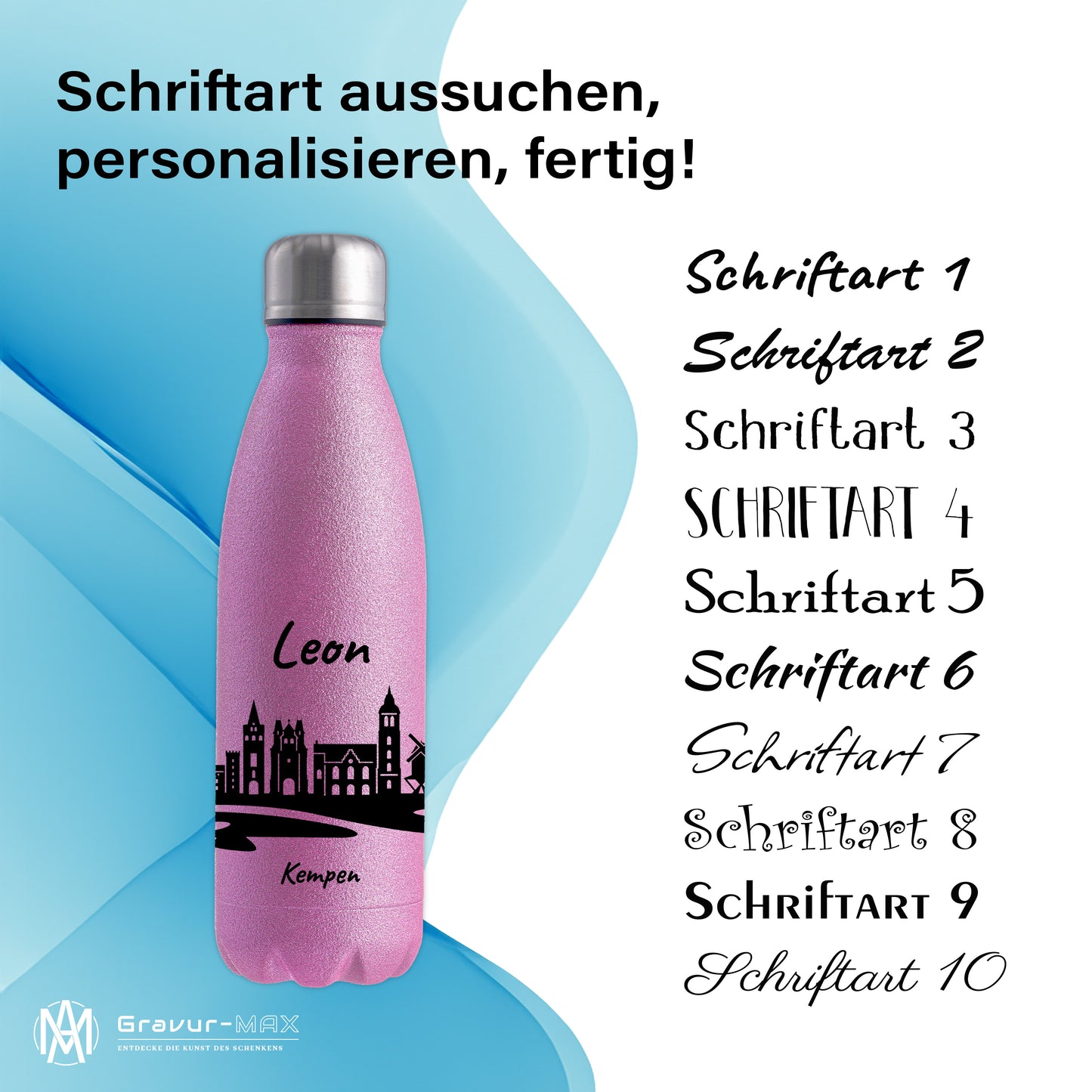 Glitzer Trinkflasche in Rosa 500ml aus Edelstahl bedruckt mit der Skyline von Kempen personalisierbar mit Wunschname