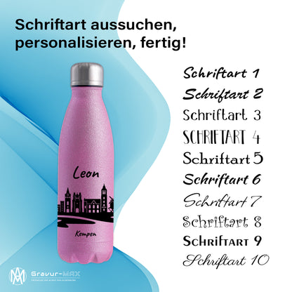 Glitzer Trinkflasche in Rosa 500ml aus Edelstahl bedruckt mit der Skyline von Kempen personalisierbar mit Wunschname