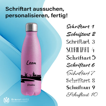 Glitzer Trinkflasche in Rosa 500ml aus Edelstahl bedruckt mit der Skyline von Usedom personalisierbar mit Wunschname