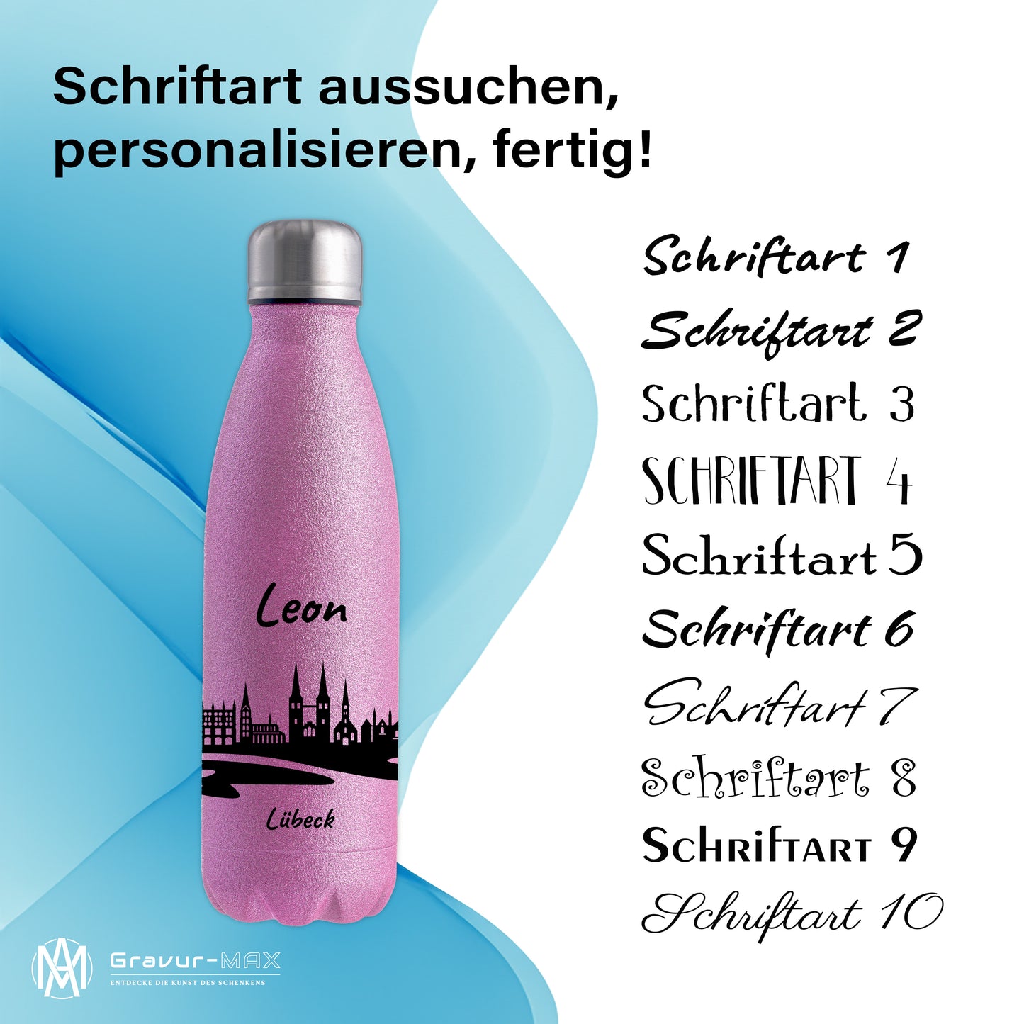 Glitzer Trinkflasche in Rosa 500ml aus Edelstahl bedruckt mit der Skyline von Lübeck personalisierbar mit Wunschname
