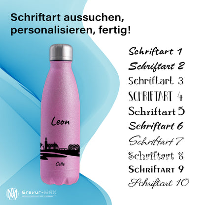 Glitzer Trinkflasche in Rosa 500ml aus Edelstahl bedruckt mit der Skyline von Celle personalisierbar mit Wunschname
