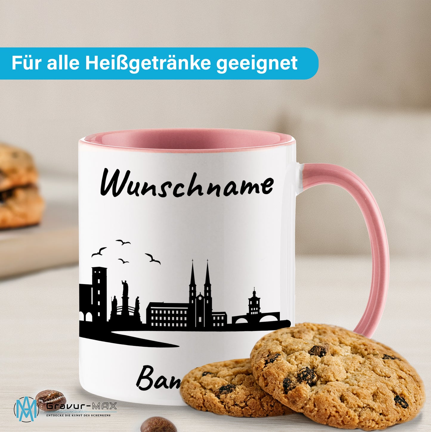 Tasse in Rosa 330ml bedruckt mit der Skyline von Bamberg personalisierbar mit Wunschname
