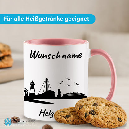 Tasse in Rosa 330ml bedruckt mit der Skyline von Helgoland personalisierbar mit Wunschname