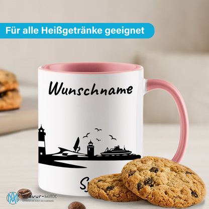 Tasse in Rosa 330ml bedruckt mit der Skyline von Sylt personalisierbar mit Wunschname