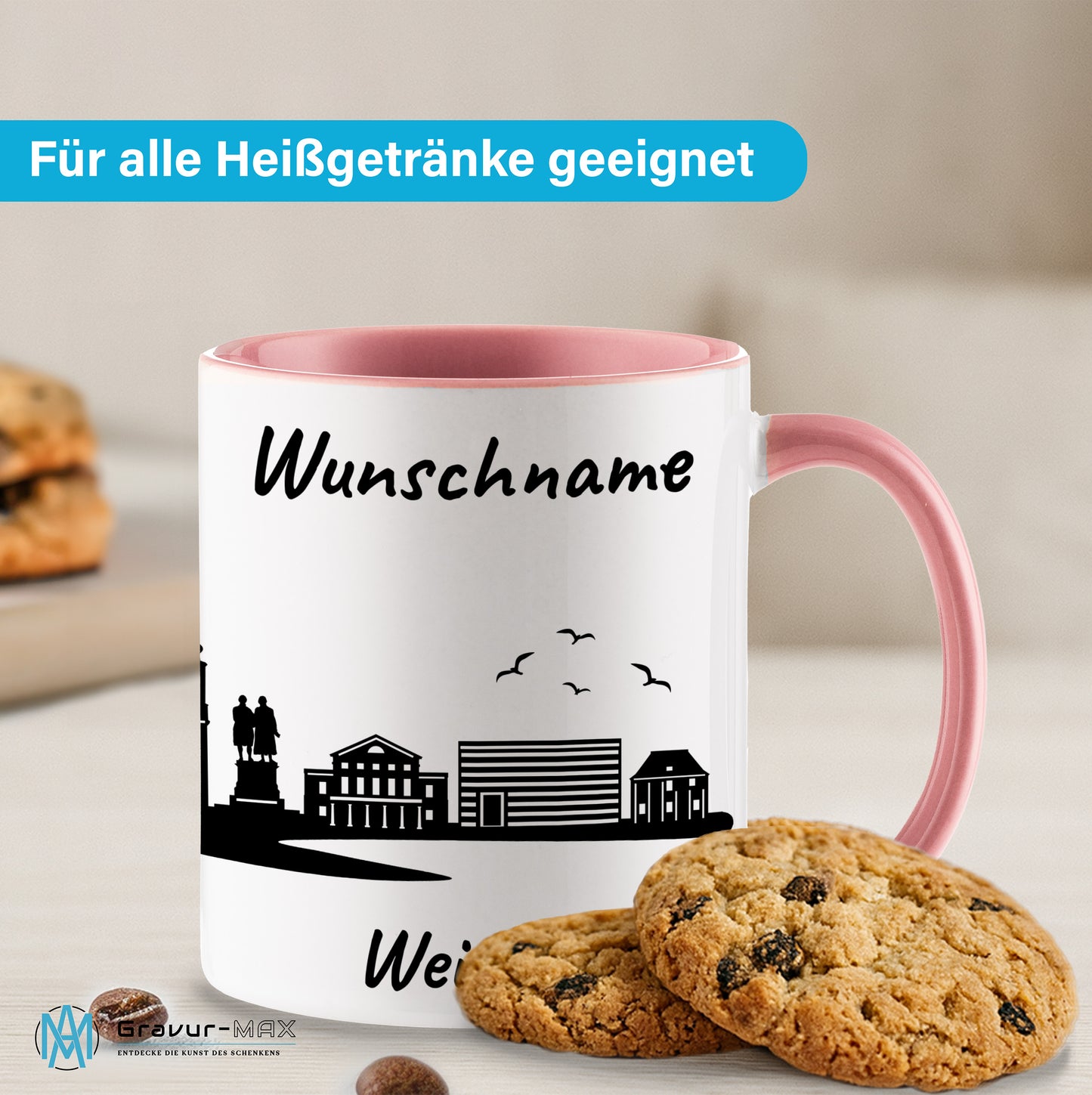 Tasse in Rosa 330ml bedruckt mit der Skyline von Weimar personalisierbar mit Wunschname
