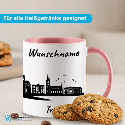 Tasse in Rosa 330ml bedruckt mit der Skyline von Trier personalisierbar mit Wunschname
