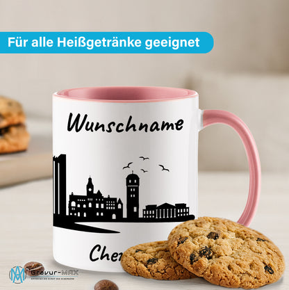 Tasse in Rosa 330ml bedruckt mit der Skyline von Chemnitz personalisierbar mit Wunschname