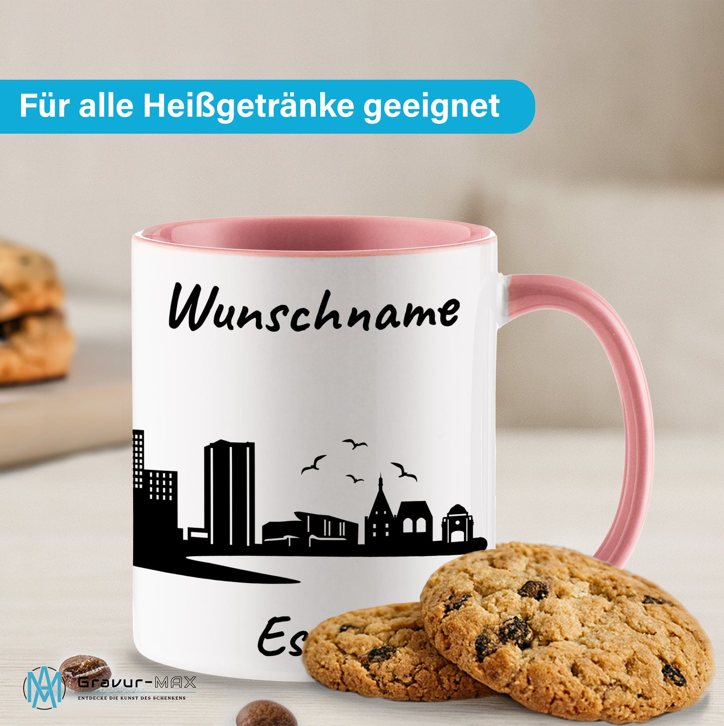 Tasse in Rosa 330ml bedruckt mit der Skyline von Essen personalisierbar mit Wunschname