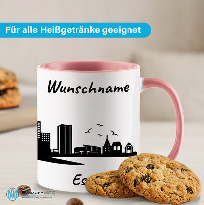 Tasse in Rosa 330ml bedruckt mit der Skyline von Essen personalisierbar mit Wunschname
