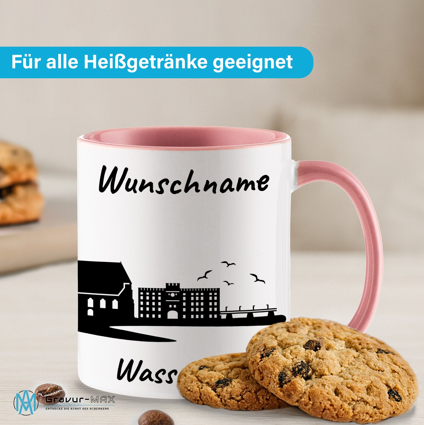 Tasse in Rosa 330ml bedruckt mit der Skyline von Wasserburg personalisierbar mit Wunschname