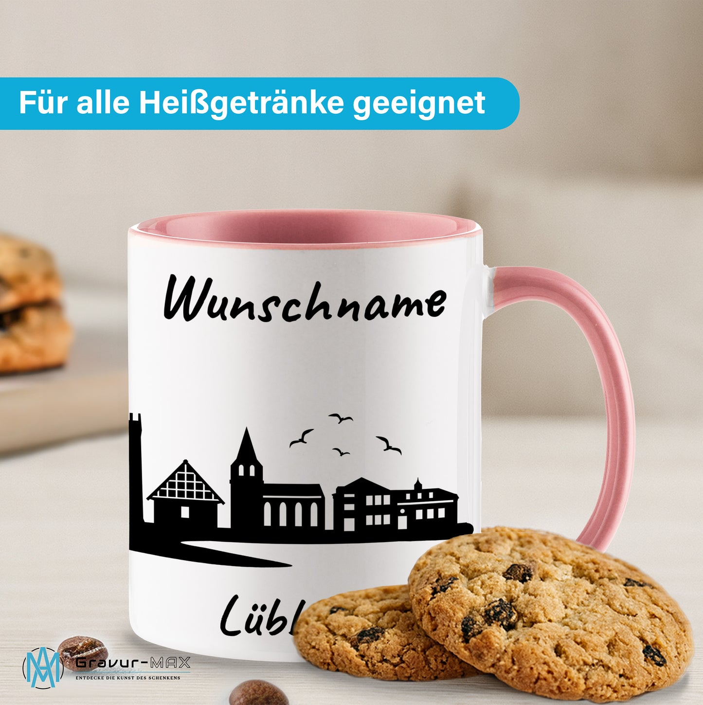 Tasse in Rosa 330ml bedruckt mit der Skyline von Lübbecke personalisierbar mit Wunschname