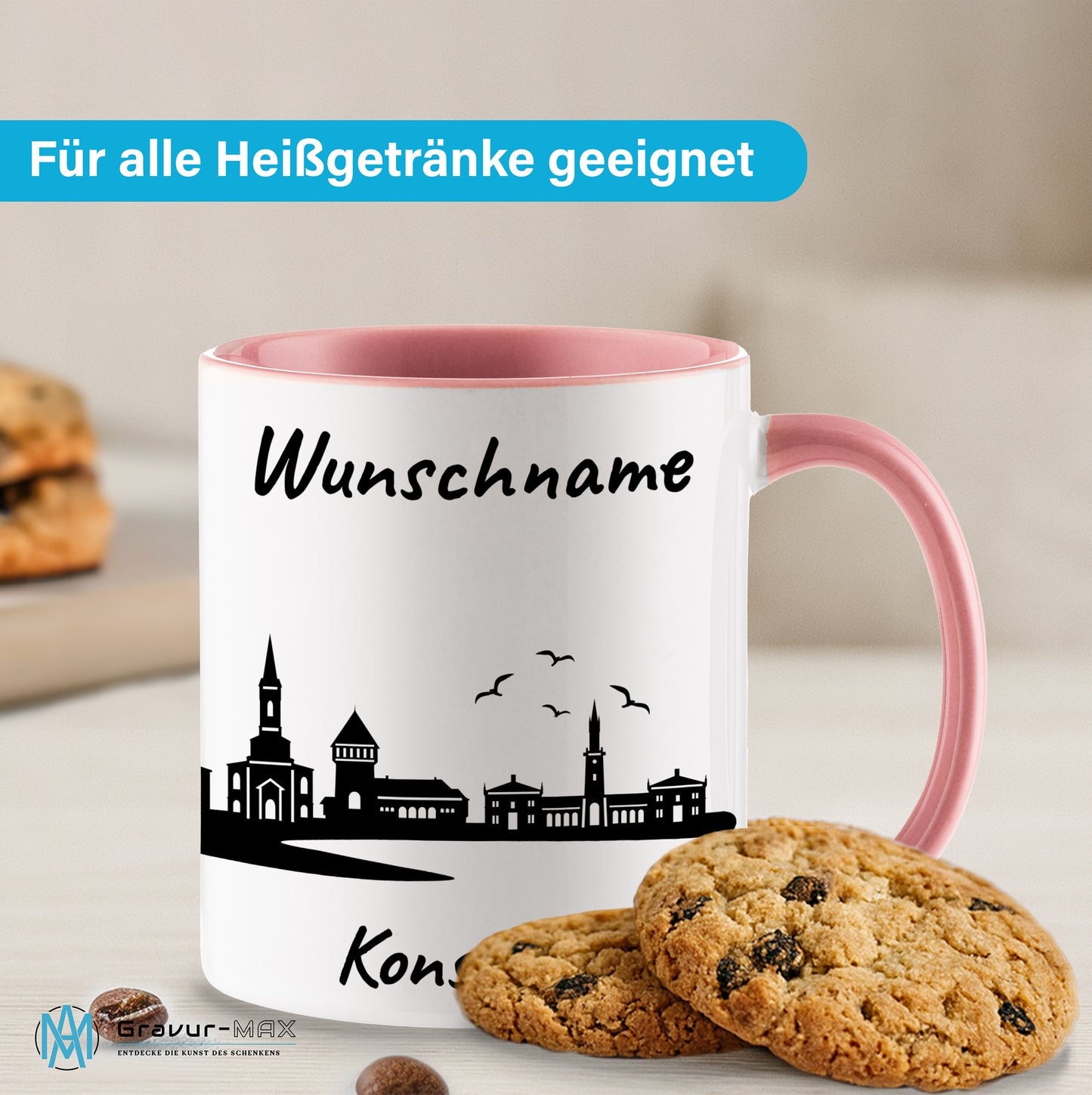 Tasse in Rosa 330ml bedruckt mit der Skyline von Konstanz personalisierbar mit Wunschname