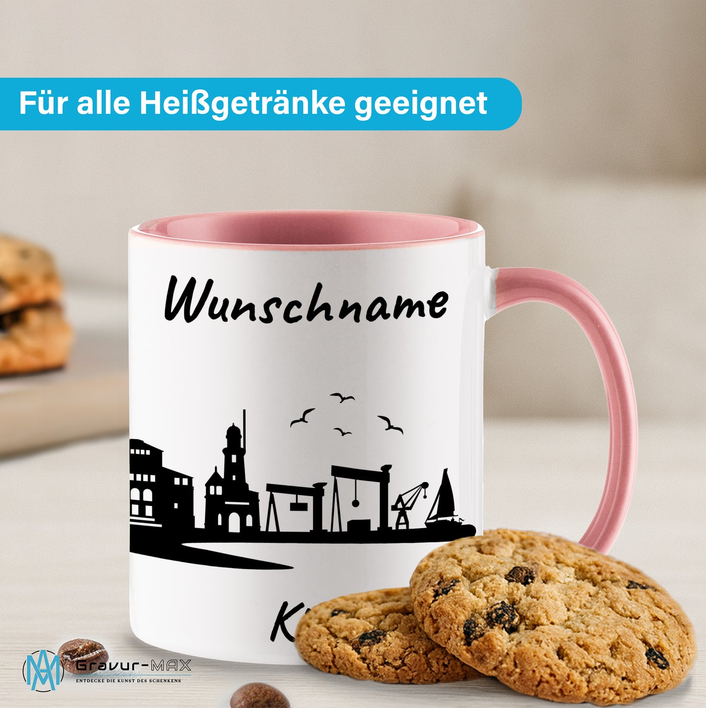 Tasse in Rosa 330ml bedruckt mit der Skyline von Kiel personalisierbar mit Wunschname