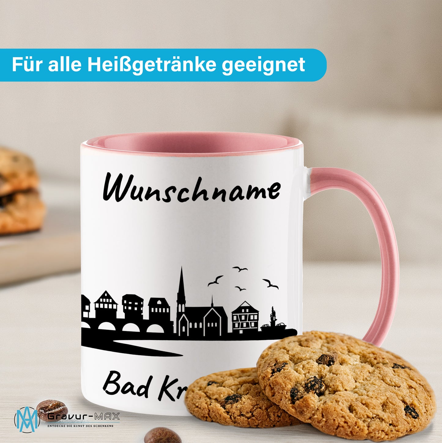 Tasse in Rosa 330ml bedruckt mit der Skyline von Bad Kreuznach personalisierbar mit Wunschname