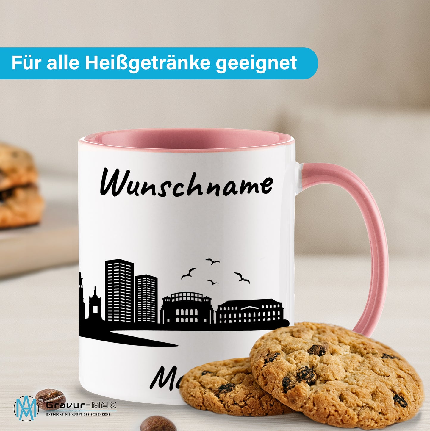 Tasse in Rosa 330ml bedruckt mit der Skyline von Mainz personalisierbar mit Wunschname