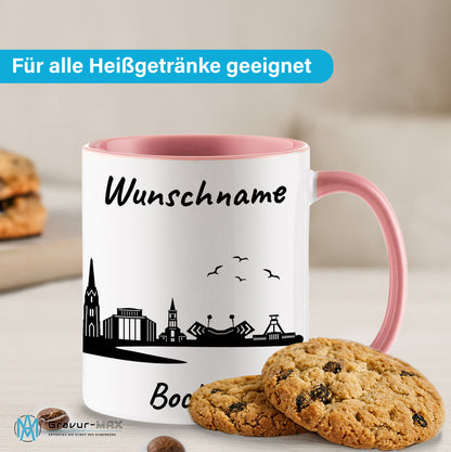 Tasse in Rosa 330ml bedruckt mit der Skyline von Bochum personalisierbar mit Wunschname