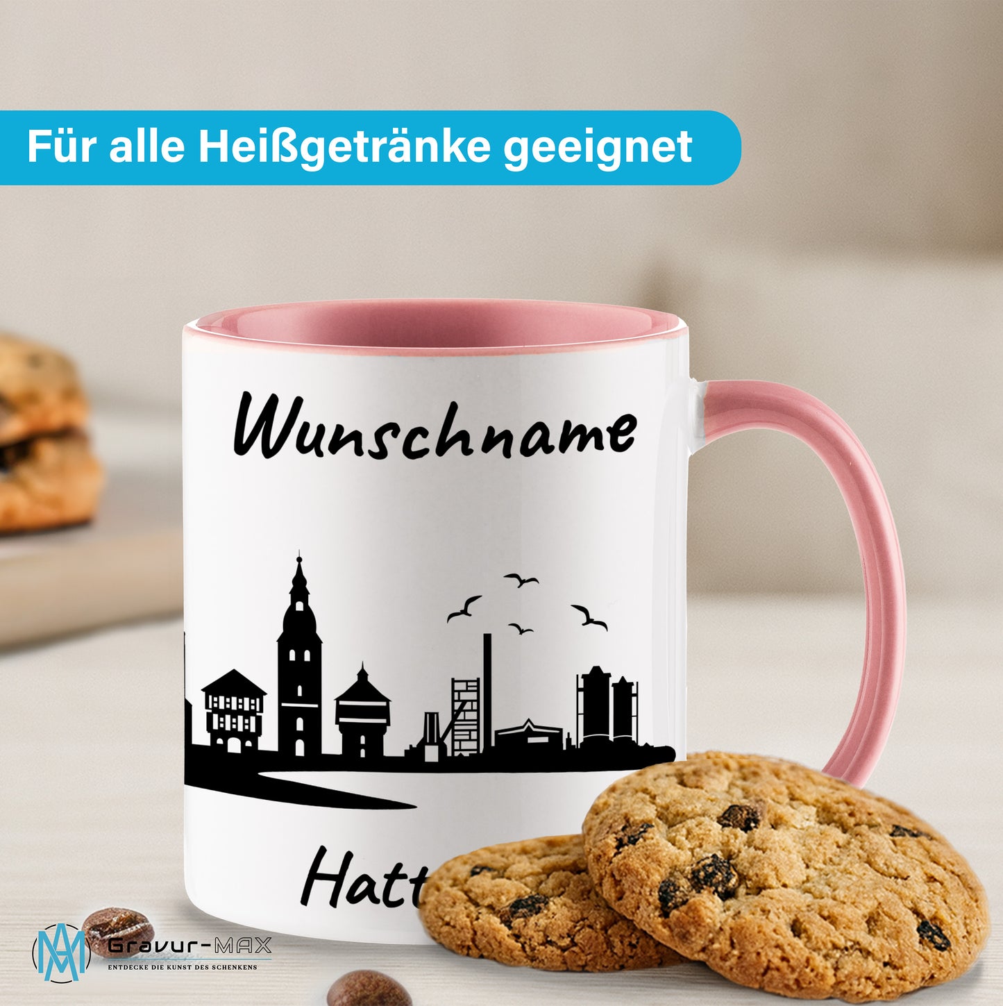 Tasse in Rosa 330ml bedruckt mit der Skyline von Hattingen personalisierbar mit Wunschname