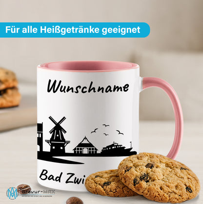 Tasse in Rosa 330ml bedruckt mit der Skyline von Bad Zwischenahn personalisierbar mit Wunschname