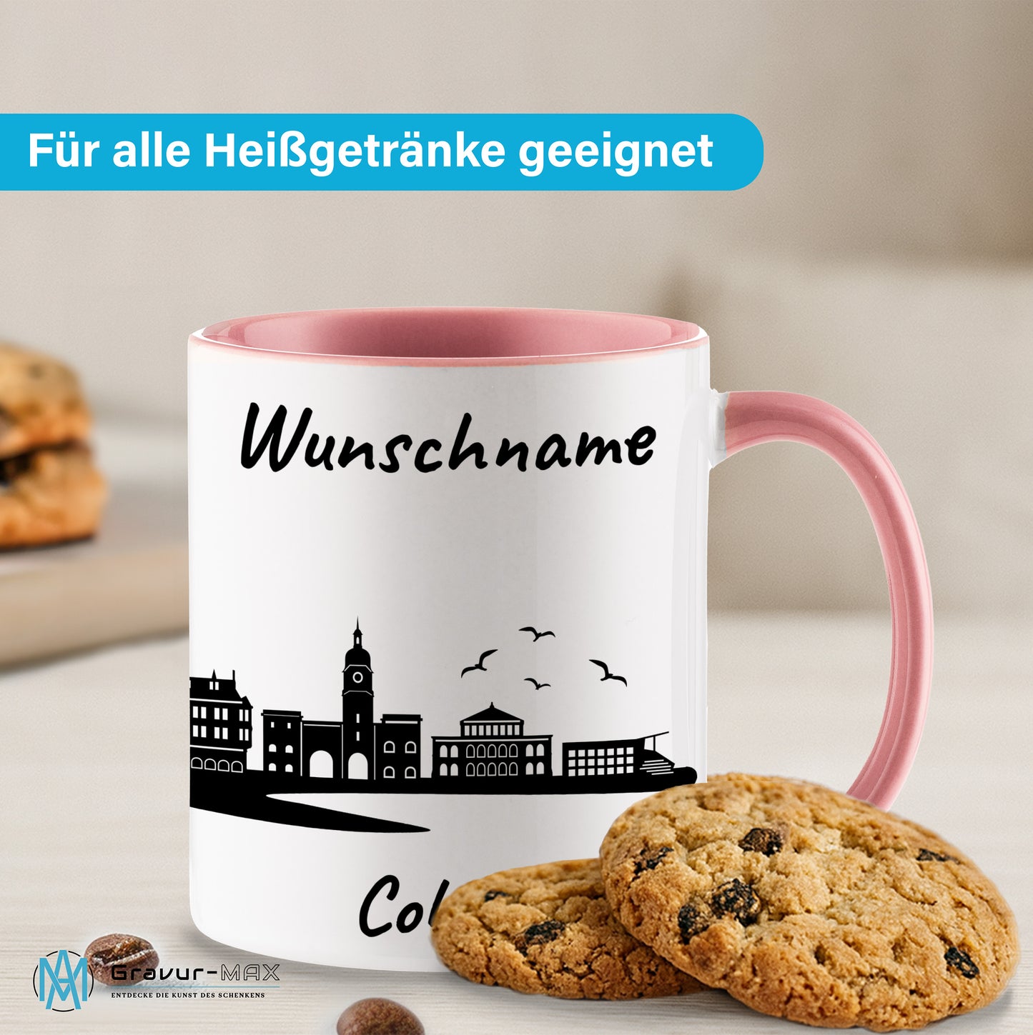 Tasse in Rosa 330ml bedruckt mit der Skyline von Coburg personalisierbar mit Wunschname