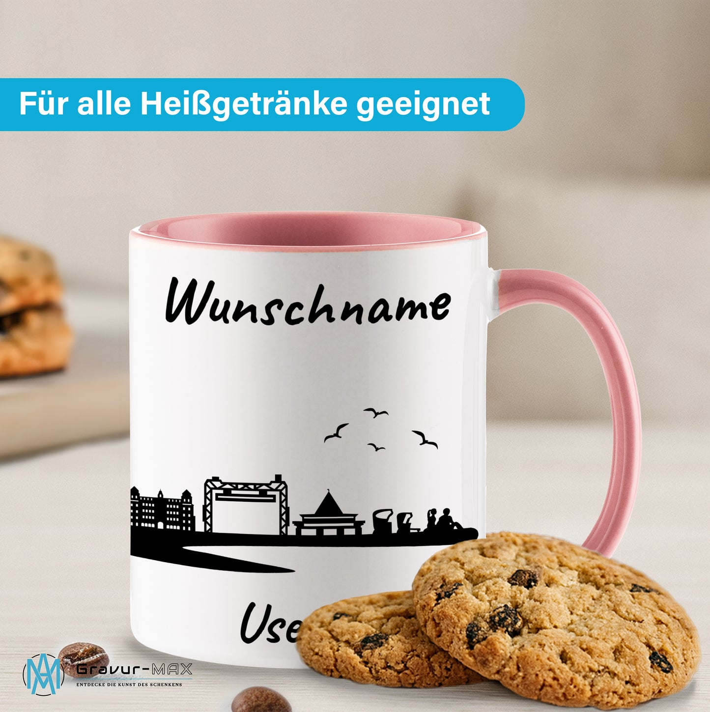 Tasse in Rosa 330ml bedruckt mit der Skyline von Usedom personalisierbar mit Wunschname