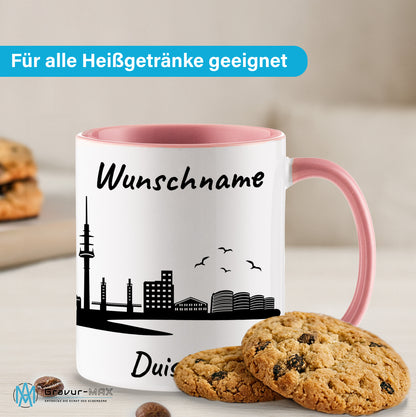 Tasse in Rosa 330ml bedruckt mit der Skyline von Duisburg personalisierbar mit Wunschname