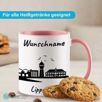 Tasse in Rosa 330ml bedruckt mit der Skyline von Lippstadt personalisierbar mit Wunschname