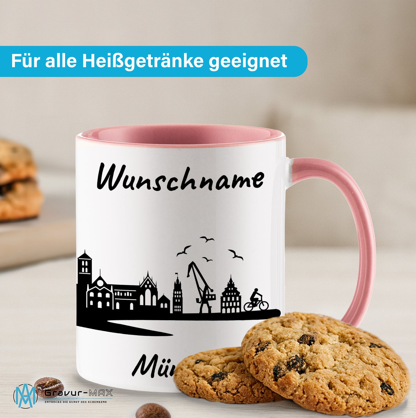 Tasse in Rosa 330ml bedruckt mit der Skyline von Münster personalisierbar mit Wunschname