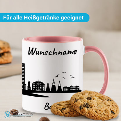 Tasse in Rosa 330ml bedruckt mit der Skyline von Bonn personalisierbar mit Wunschname