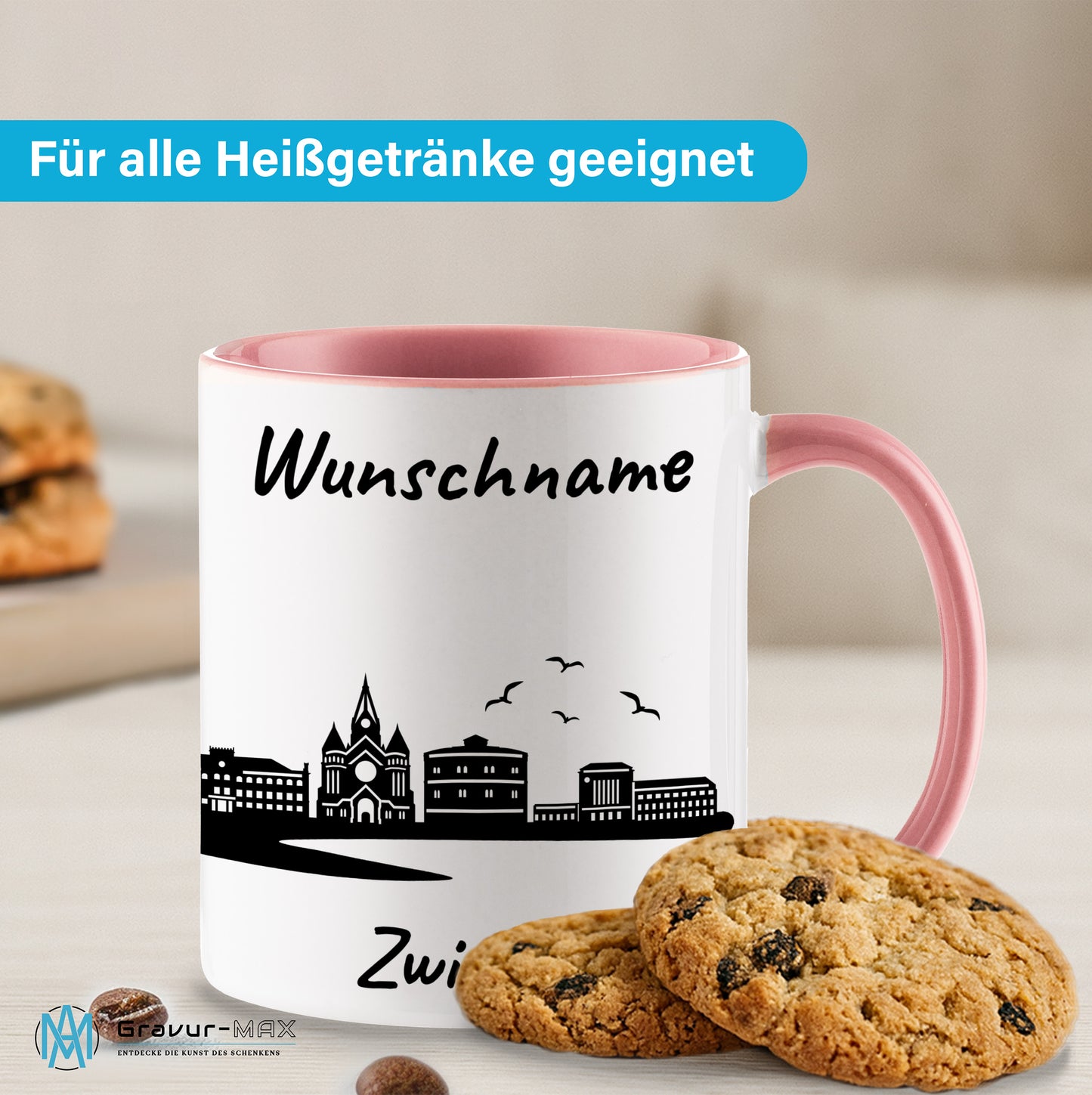 Tasse in Rosa 330ml bedruckt mit der Skyline von Zwickau personalisierbar mit Wunschname