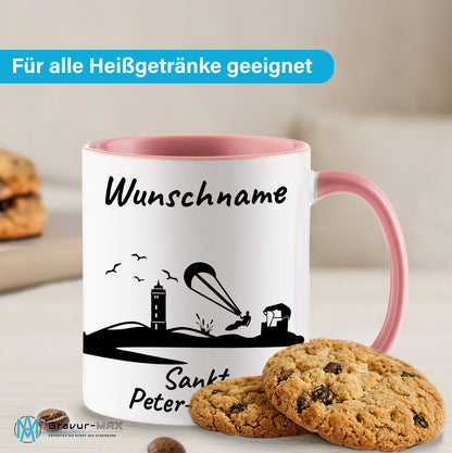 Tasse in Rosa 330ml bedruckt mit der Skyline von Sankt Peter-Ording personalisierbar mit Wunschname